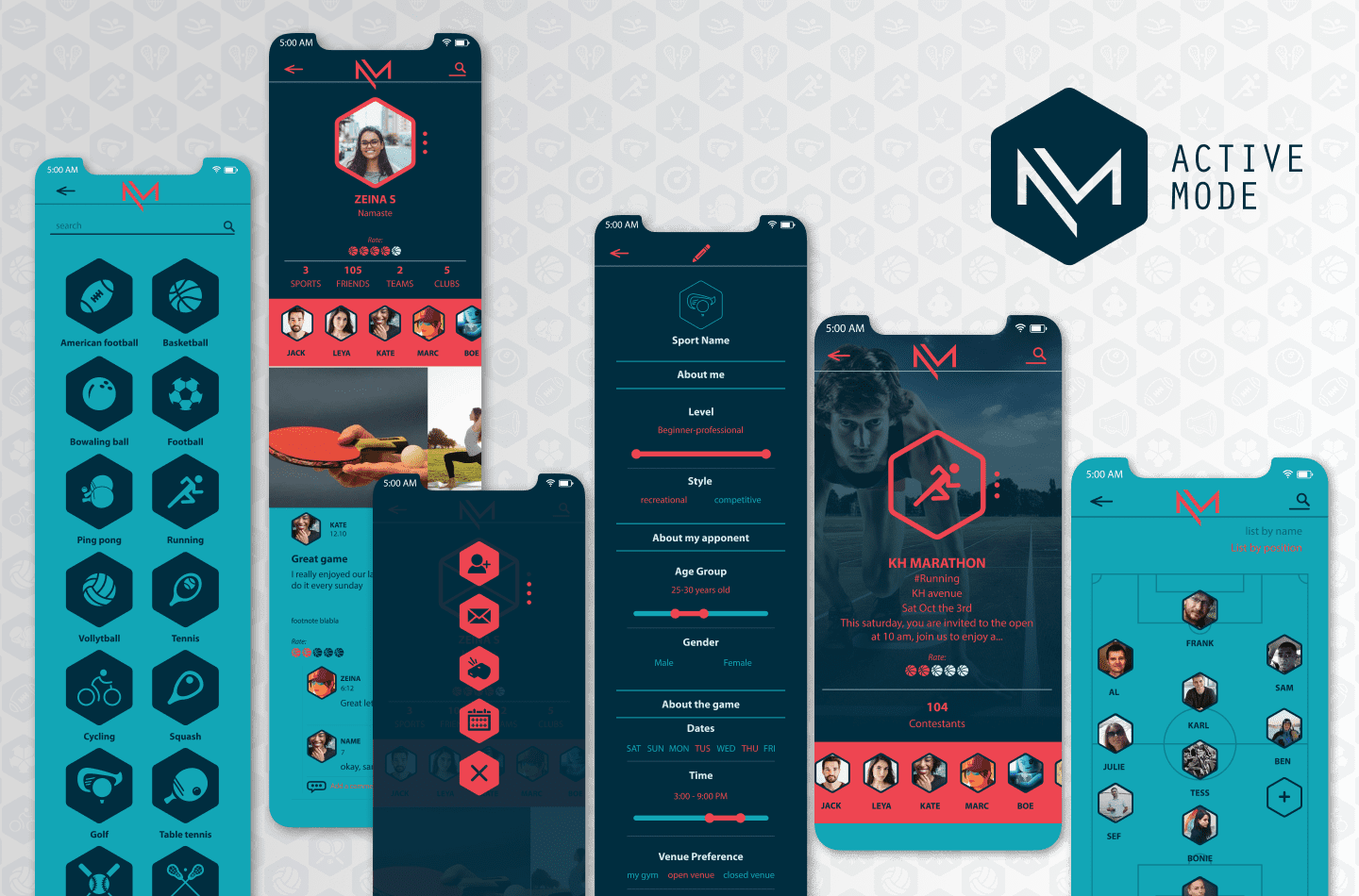 App design with full set of icon design for Active Mode, a sport social media platform